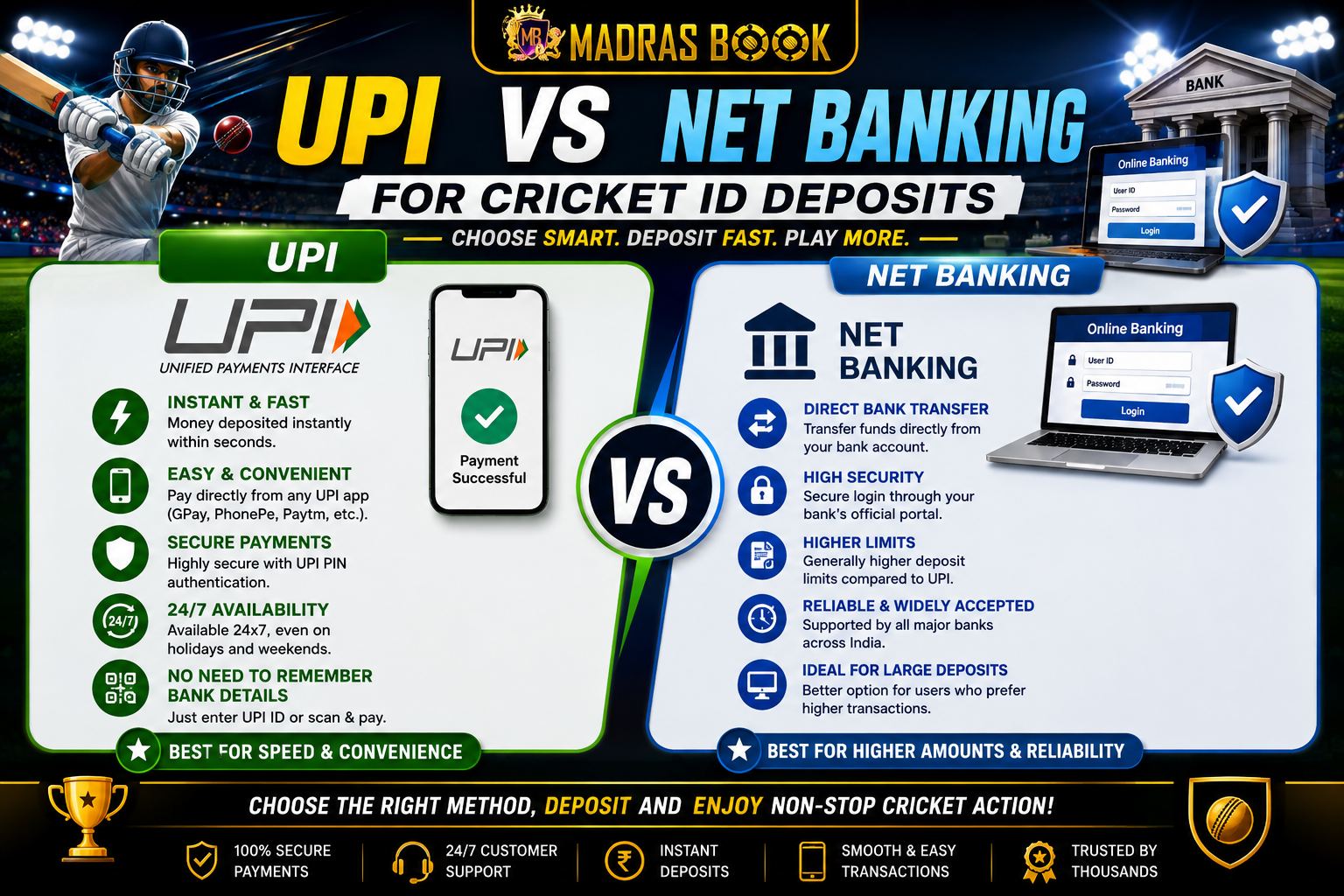 UPI vs Net Banking for Cricket ID Deposits