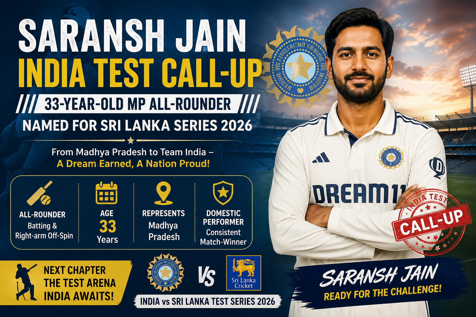 Saransh Jain India Test call-up Sri Lanka - Madrasbook