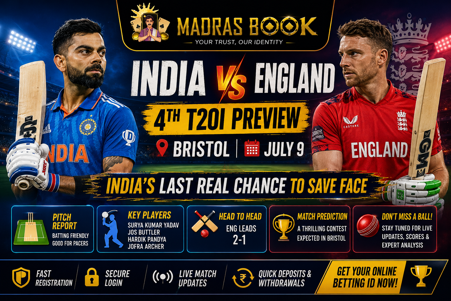 India vs England 4th T20I Preview — Bristol, July 9